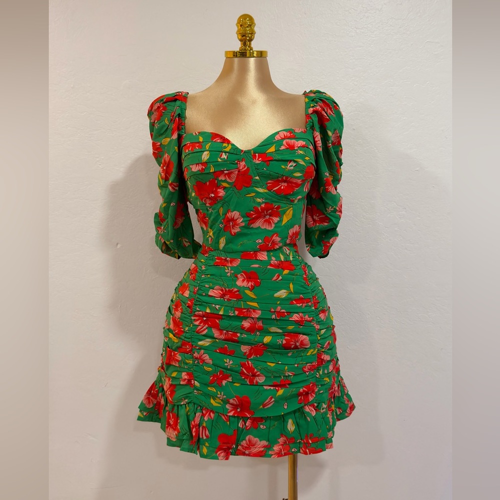 Green Floral Puff-Sleeve Ruched Dress